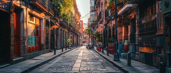 Fototapeta premium Charming European street with warm sunlight illuminating the buildings and cobblestones, perfect for travel and architecture themes.