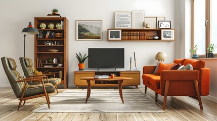 Retro Mid Century Living Room with Stylish Decor and Furniture