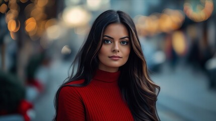 Fototapeta premium A beautiful woman in a red sweater standing in the street.