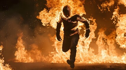 Stuntman Engulfed in Flames Performing Dramatic Action Sequence