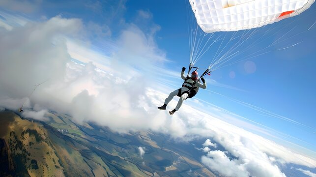 Skydiver in free fall gracefully drifting through the sky with a parachute above