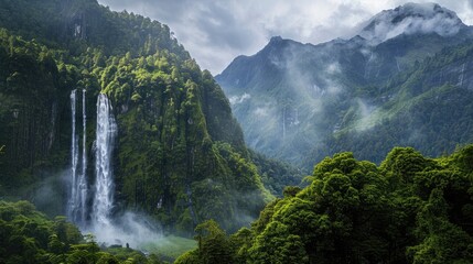 Scenic mountain landscape with lush green trees and a dramatic waterfall.