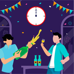 People popping champagne bottle to celebrate new year at midnight. Flat vector illustration