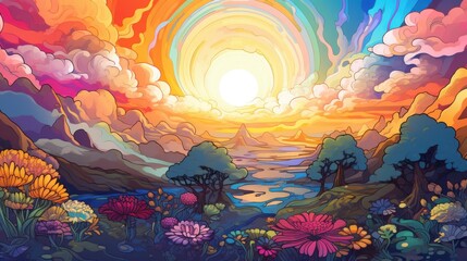 Vibrant, colorful fantasy landscape illustration or painting with sunset, mountains, flowers, and a river. Concept of magic, nature, beauty, and tranquility