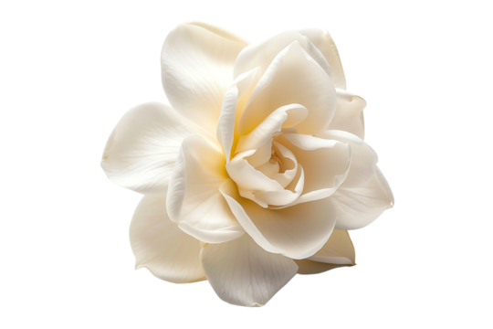 Close-up of a delicate white flower with intricate petals, isolated on a white background. Ideal for nature, botanical, and floral design projects.