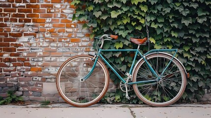 Fototapeta premium Vintage Bicycle Leaning Against Weathered Brick Wall with Lush Ivy Overgrowth