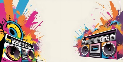 Fototapeta premium Vintage Tape recorder with graffiti concept, isolated on copy space with soft background, illustration.