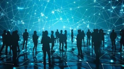 Crowd of Silhouetted People in a Futuristic, Glowing Network of Lines