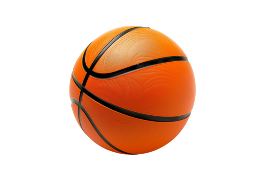 Close-up of an orange basketball with black stripes, isolated on a white background. Ideal for sports, recreation, and fitness themes.