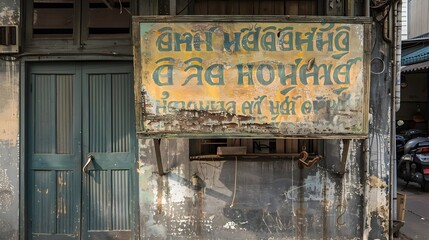 Fototapeta premium Vintage Thai Market Sign with Traditional Calligraphy and Weathered Appearance