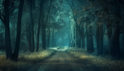 Fototapeta premium Moonlit Forest Path: Serene Nighttime Hike Through Tall Trees