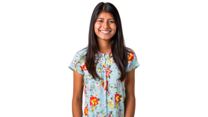 Portrait of a smiling Latina woman wearing blue floral dressed, isolated on transparent background