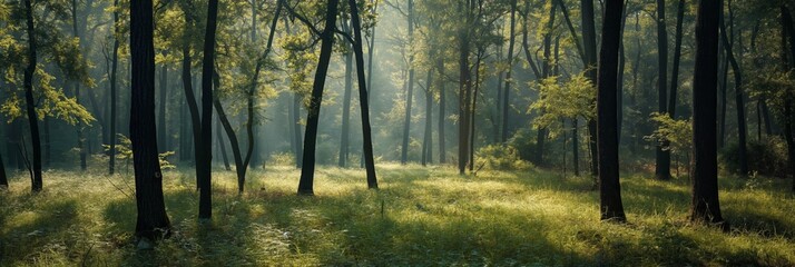 middle of forest sunlit light through lush trees, beautiful scenery ,nature beauty of spring and summer season nature landscape background whimsical ethereal mood