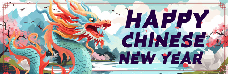 Chinese New Year 2025 horizontal cover. China snake zodiac sign on nature background. Asian festival poster. Creative art typography greeting card. Oriental traditional mythical lunar symbol serpent