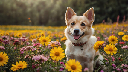 natural background with cute puppy dog sitting in a flower field