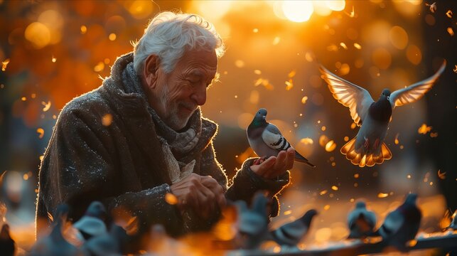 An older man feeding pigeons in the park.