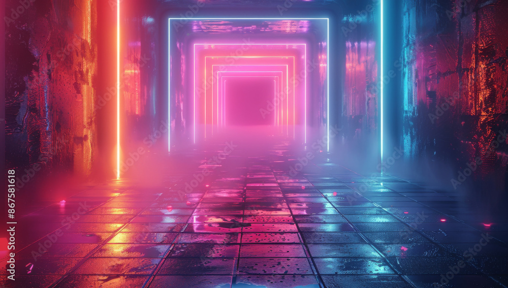 Poster a dark background with neon lights and floating geometric shapes, representing the digital world of 