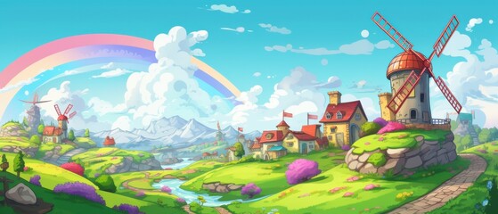  Idyllic countryside landscape with windmills, houses, rainbow and mountains. Perfect for children book illustration, cartoon, animation, background.