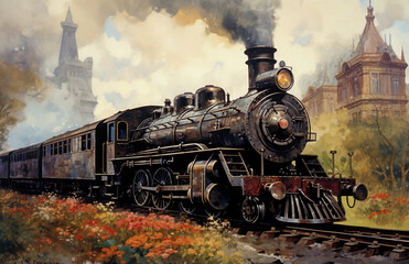 Naklejka premium a painting of a train on a train track with a castle in the background and flowers in the foreground