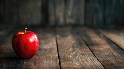Red apple on dark wood table surface