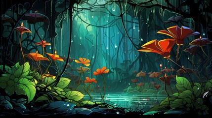 Enchanted Forest with Glowing Flowers and Lush Greenery