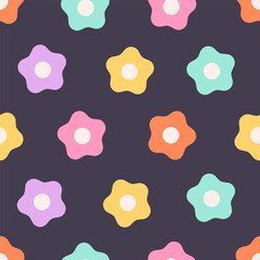 Seamless pattern with abstract retro aesthetic daisy flowers. Vintage floral art prints. Hippie 60s, 70s, 80s style. Vector illustration in flat style