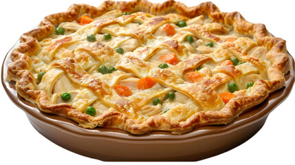  A freshly baked chicken pot pie with a rustic crust, overflowing with steaming chicken, carrots, and peas, set on a transparent background
