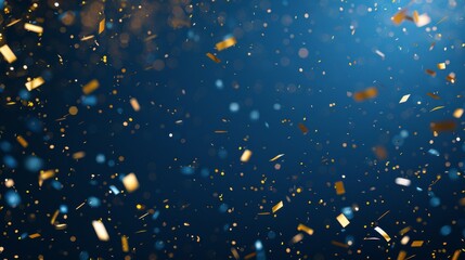 Golden confetti with bokeh effect on a dark blue background, perfect for festive and celebratory themes.
