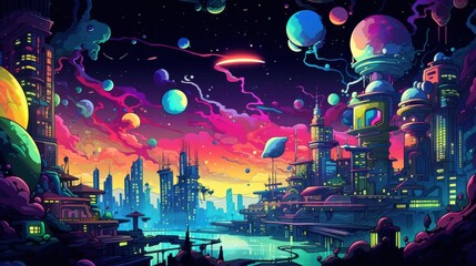 Futuristic city in a colorful galaxy, vibrant, surreal cityscape at sunset. Concept of fantasy, science fiction, utopia, and the metaverse.