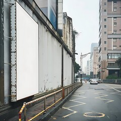 Obraz premium Concrete wall along a busy street showcasing a tall vertical blank billboard.