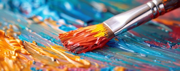 Fototapeta premium Paintbrush on Palette with Colorful Acrylics