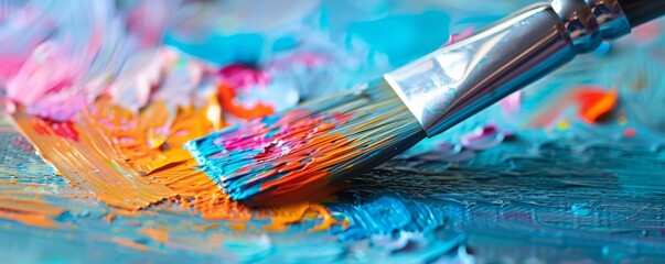 Fototapeta premium Close Up of Paintbrush on a Palette of Vibrant Colors