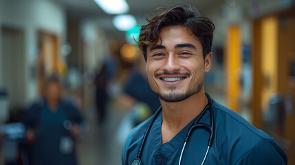 Fototapeta premium Nurse, hospital employee and portrait healthcare, wellness and clinic feeling proud. Happy, smile and doctor in a medical facility with happiness from workplace vision and success