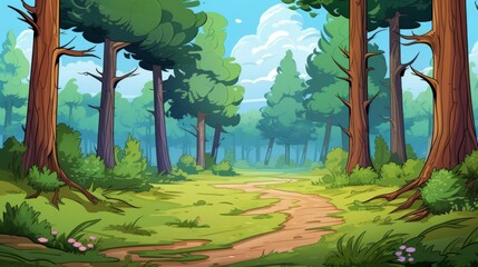 Fototapeta premium Cartoon forest landscape with path, trees, and blue sky. Concept of nature, outdoors, environment, and tranquility.