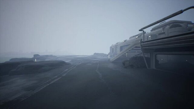 CGI footage of first person horror POV video game, of character escaping from giant robot on deserted dystopian planet, hiding in building, finding blood and being murdered by assassin with sword