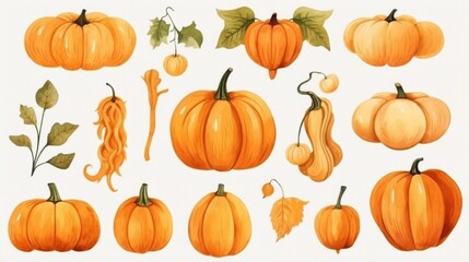 An aesthetically pleasing illustration featuring various pumpkins and leaves in autumn colors, perfect for seasonal decorations and thanksgiving themes in home and design.
