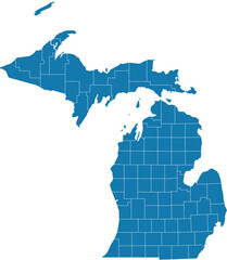 Editable vector file of the counties that make up the state of Michigan, located in the United States.