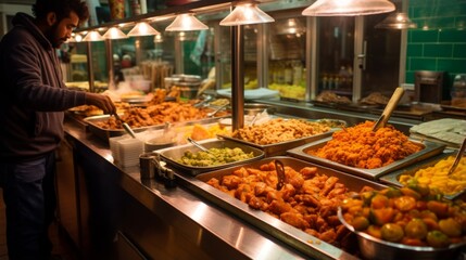 Image shows a person serving food from a buffet that features a wide variety of dishes, emphasizing the abundance and diverse selection of hot, freshly cooked food available.