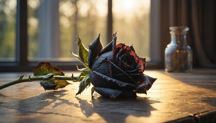 A solitary black rose wilting in a vase, symbolizing the end of life, loss, heart break, unfulfilled.