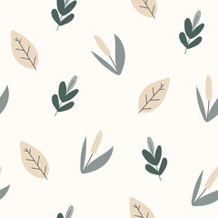 Seamless flower pattern design vector. Autumn seamless pattern with different leaves and plants, with seasonal colors.