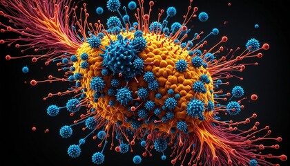 A virus particle, evades host defenses, illustrating the intricate details of its structure and the complex interactions.