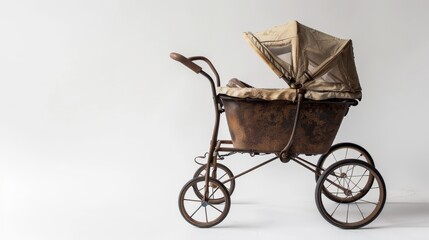 side view old baby stroller on white background,copy space .