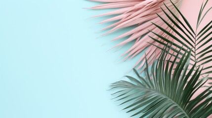 Obraz premium An artistic arrangement of pink and green palm leaves on a pastel gradient background, blending soft blue and pink hues, creating a visually appealing art piece.