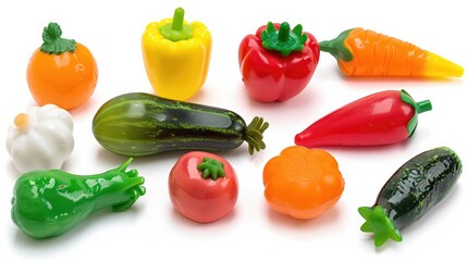 Plastic fruit and vegetable toy set on white background for kids store play