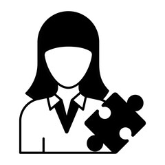 solution architect Concept, IT Girl with Puzzle Jigsaw Vector Icon Design, Software and web development symbol, Computer Programming and Coding stock illustration, Business analyst Character