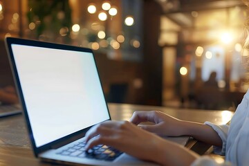 Coffee shop scene with minimalistic decor and soft lighting where a woman works on a laptop with a blank screen.