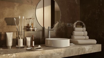 A luxurious bathroom setting with a beige stone countertop, an elegant porcelain sink, and a large mirror. Skincare products and a toothbrush set are displayed in a refined glass vase.