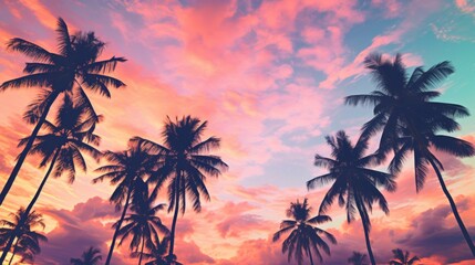 This scenic sunset image features dark silhouettes of palm trees set against a vibrant, colorful sky reflecting the serene beauty of tropical landscapes at dusk.