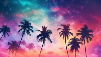 Obraz premium An awe-inspiring sunset with dramatic, dreamy clouds and palm trees in silhouette, capturing the essence of tropical serenity and natural beauty.