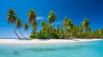 Obraz premium A bright and sunny day with clear blue ocean waters and leaning palm trees, creating an inviting and tranquil tropical beach scene.